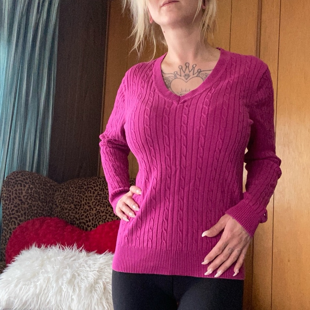Tommy Hilfiger Barbie pink soft cable knit v neck sweater